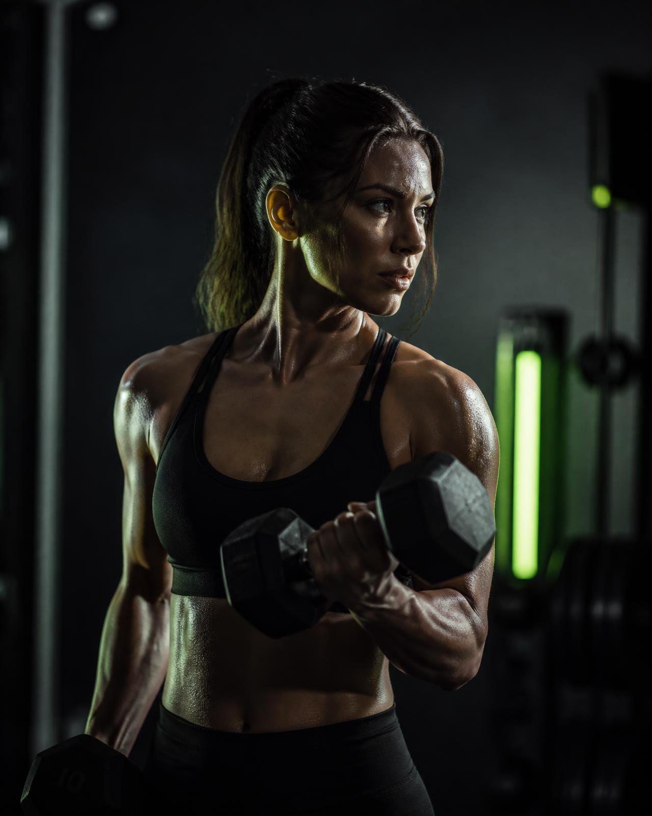 Athlete training with dumbbells in a dark gym